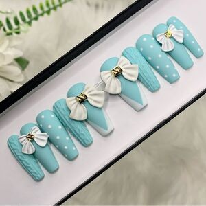 Elegant Bow Teal  Press On Nails | Handmade Press On Nails | Fake Nails